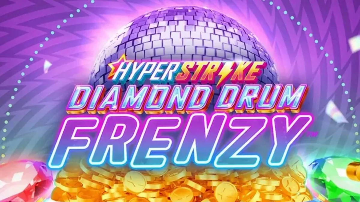 Tampilan visual slot Hyper Strike Diamond Drum Frenzy dengan elemen neon dan drum emas.